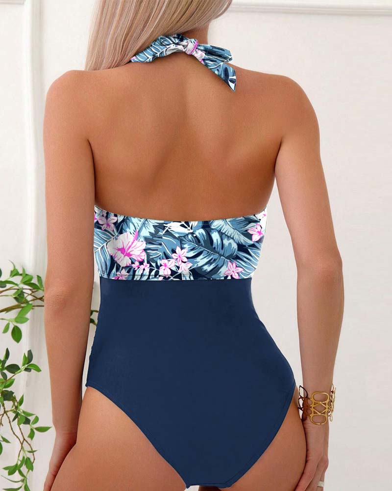 Colorblock Printed Chest Tie One-Piece Swimsuit