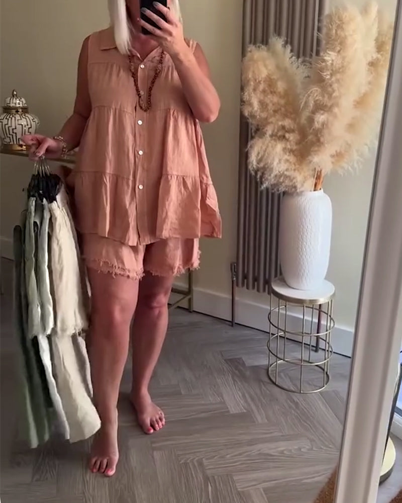 Ärmelloser Revers Button-Down Casual Shorts Anzug