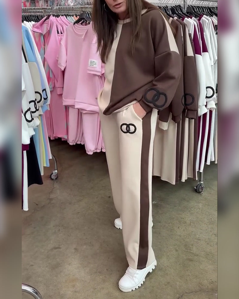 Contrast Color Casual Sweatshirt Set