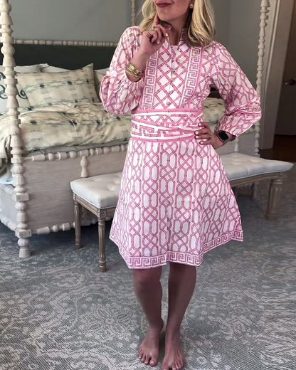 Lantern Sleeves Stand Collar Printed Loose Dress