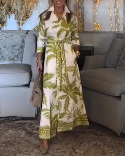 Leaf Print Lapel Waist Dress