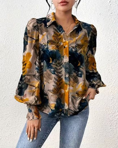 Smocked Long Sleeve Printed Blouse