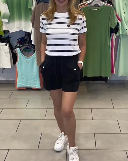 Casual Short-Sleeved Striped Shorts Set