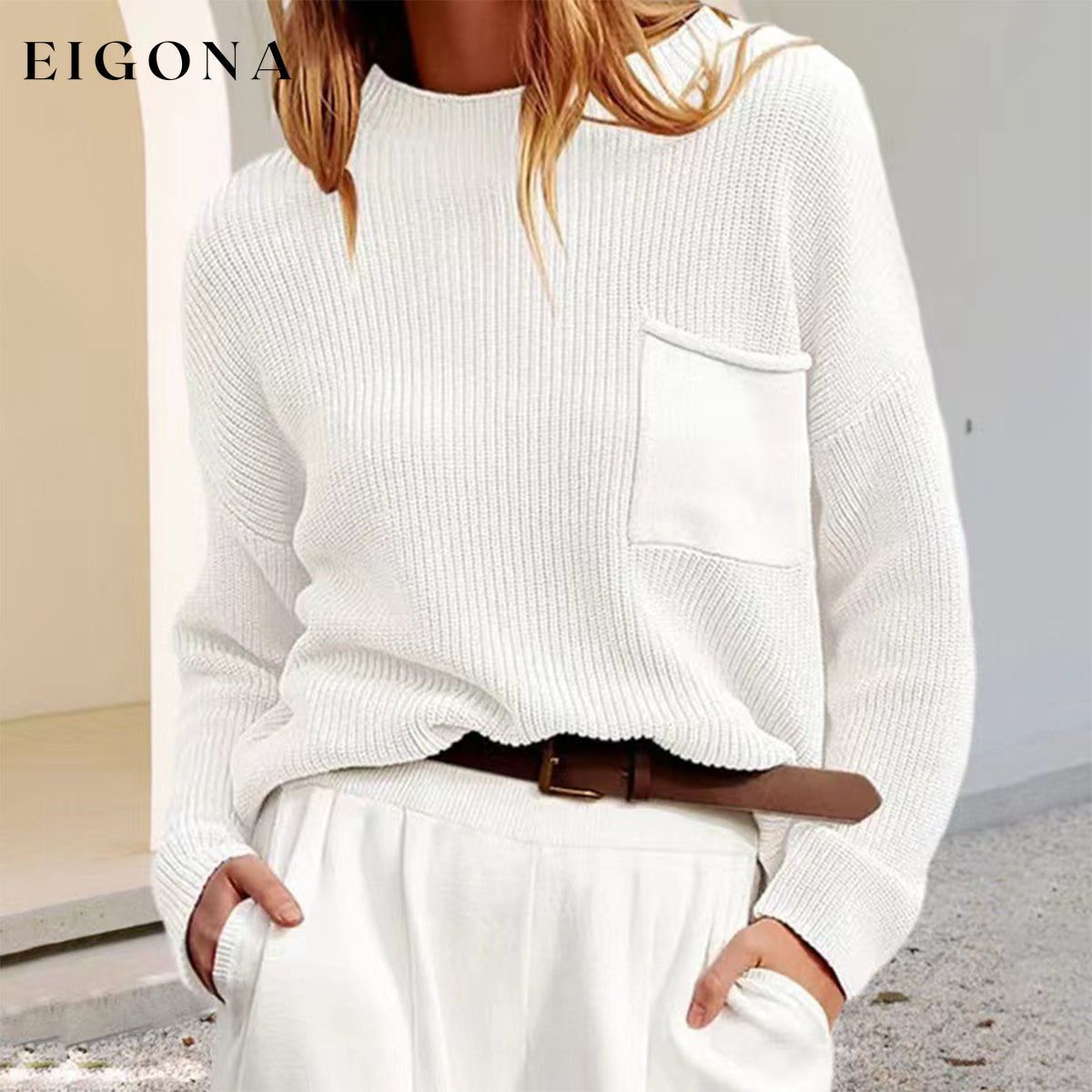 Rib-Knit Dropped Shoulder Sweater White clothes G.JI Ship From Overseas Shipping Delay 09/29/2023 - 10/04/2023 Sweater sweaters