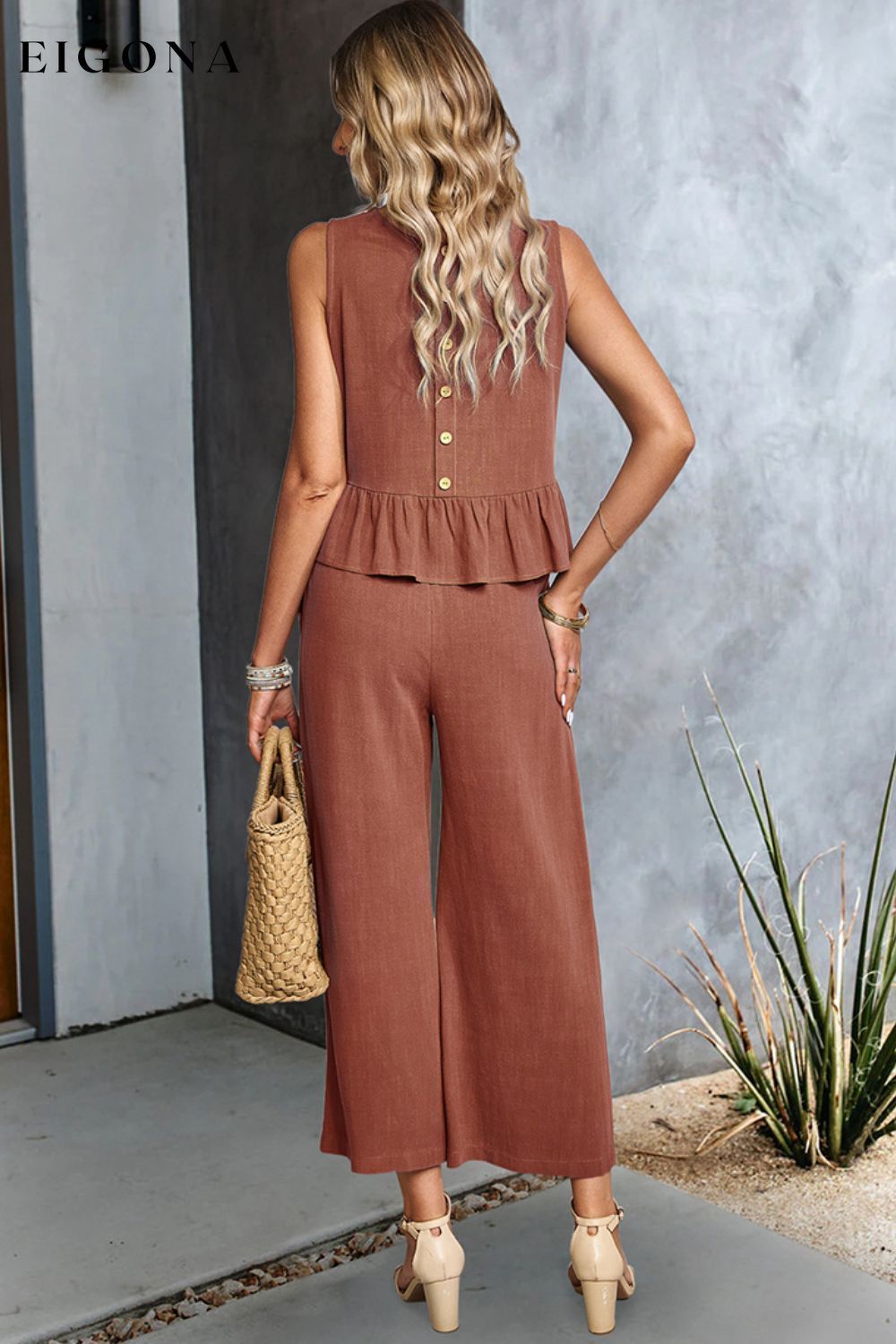 Decorative Button Ruffle Hem Tank and Pants Set clothes DY sets Ship From Overseas trend