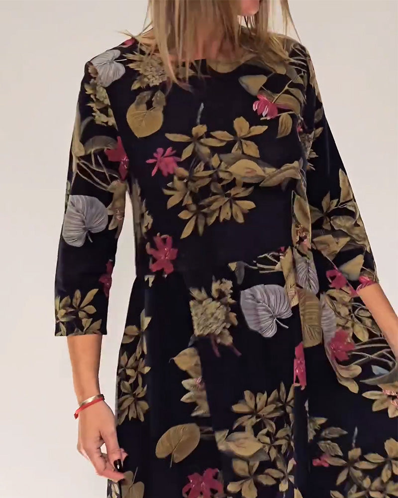 Floral and leaf print round neck elegant dress 2024 f/w casual dresses spring