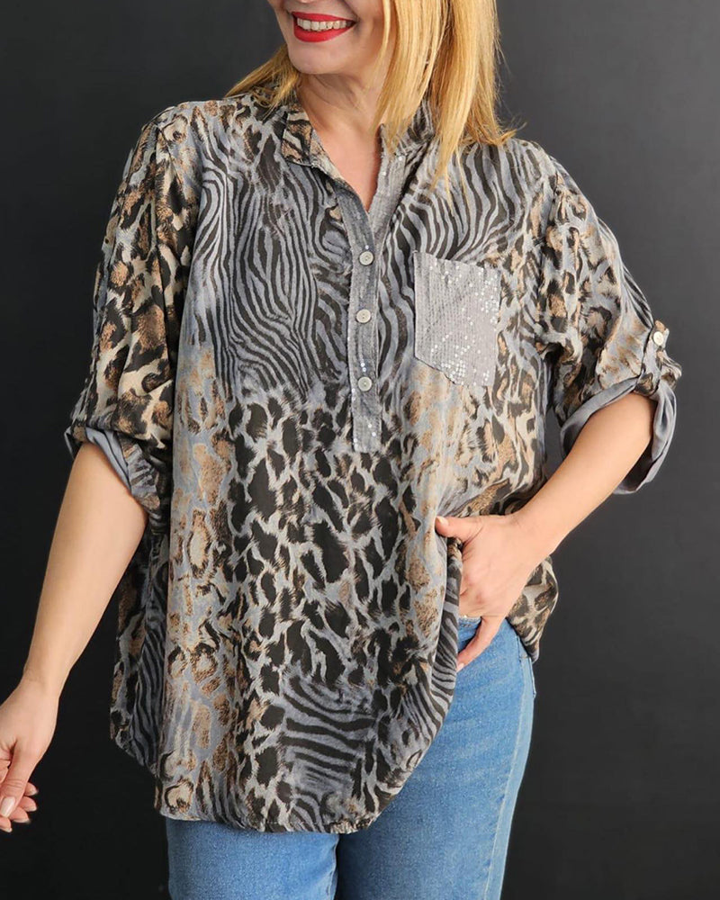 Leopard print pleated sleeve casual blouse blouses & shirts summer