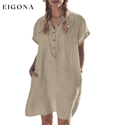 Women's Lapel Pocket Solid Loose Dress cotton linens