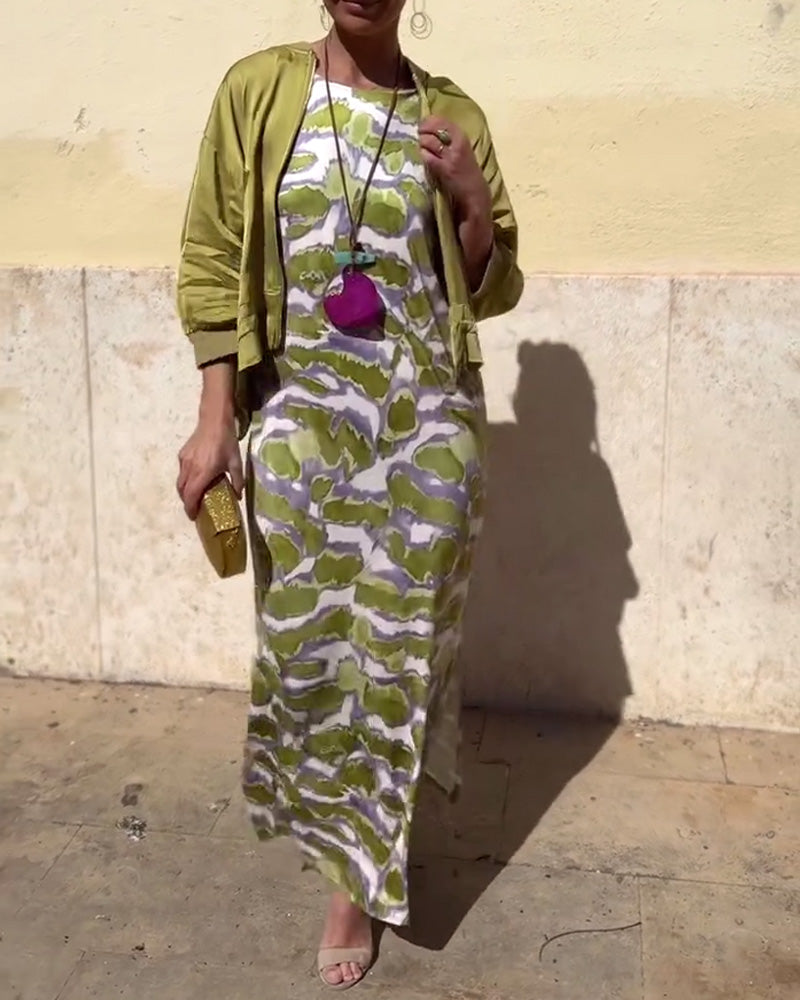 Sleeveless Printed Dress And Coat Set