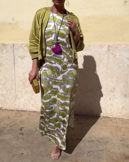 Sleeveless Printed Dress And Coat Set