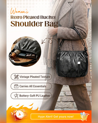 Casual Pleated Bucket Soft Leather Handbag
