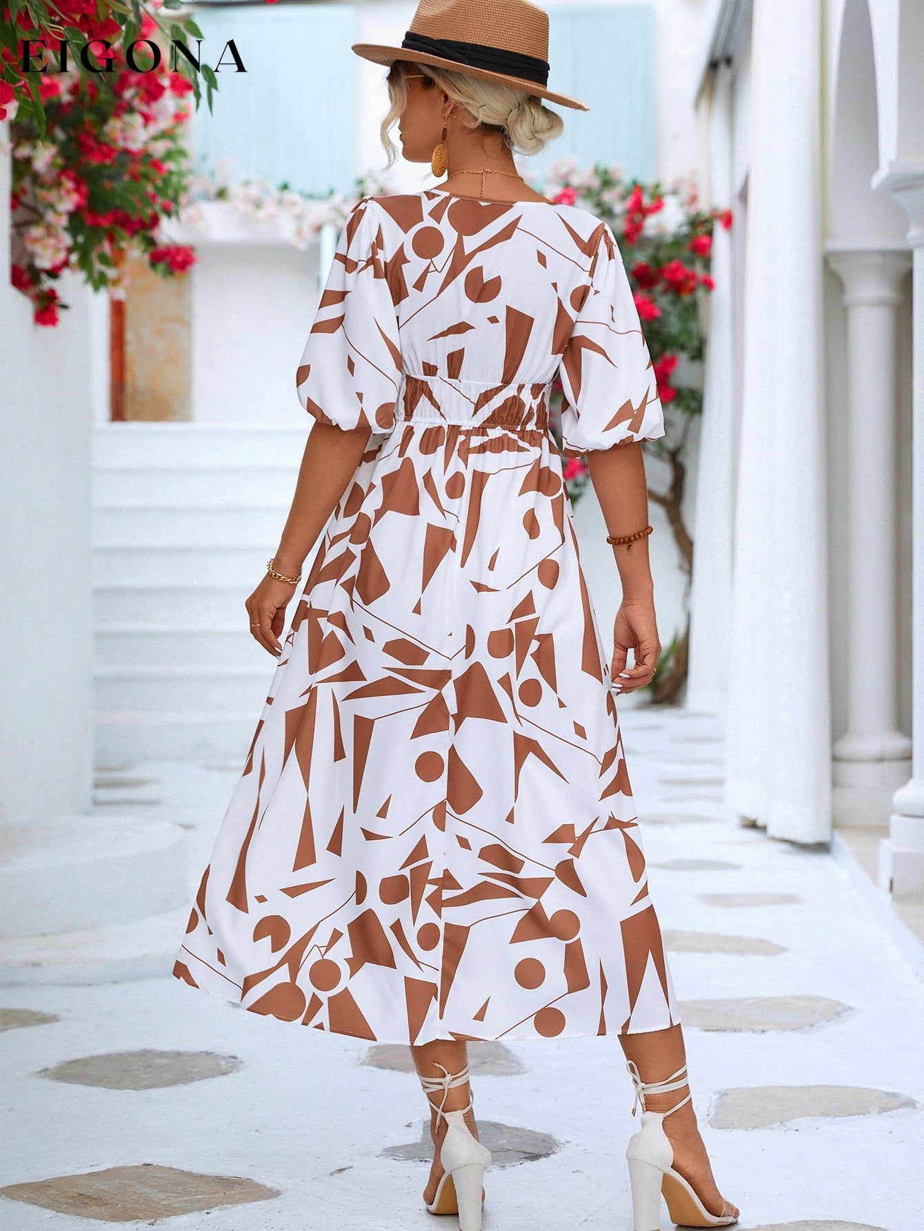 Printed Surplice Balloon Sleeve Dress casual dress casual dresses clothes dress dresses midi dress midi dresses Ship From Overseas YO