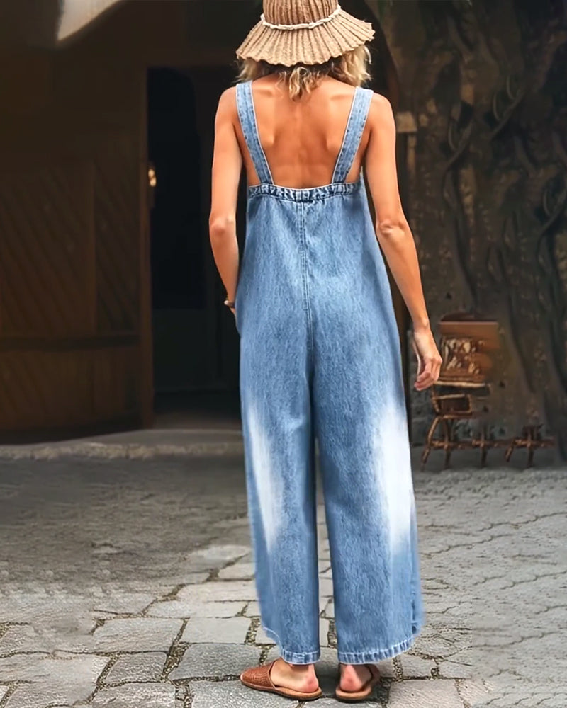 Washed Denim Overalls Wide-Leg Jumpsuit