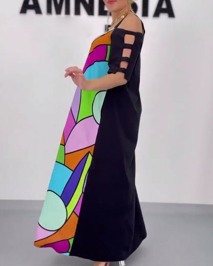 Off-Shoulder Contrast Print Loose Dress