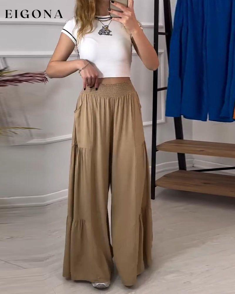 Stylish solid color pocket pleated wide leg pants pants spring summer