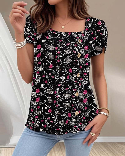 Top casual a maniche corte con scollo quadrato e stampa floreale