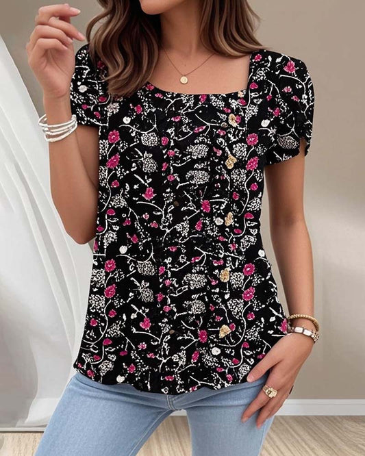 Top casual a maniche corte con scollo quadrato e stampa floreale