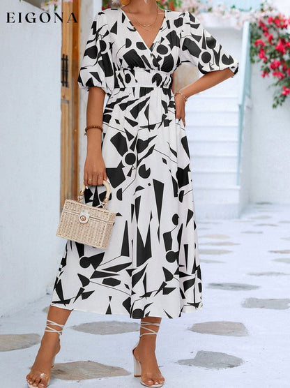 Printed Surplice Balloon Sleeve Dress White Black casual dress casual dresses clothes dress dresses midi dress midi dresses Ship From Overseas YO