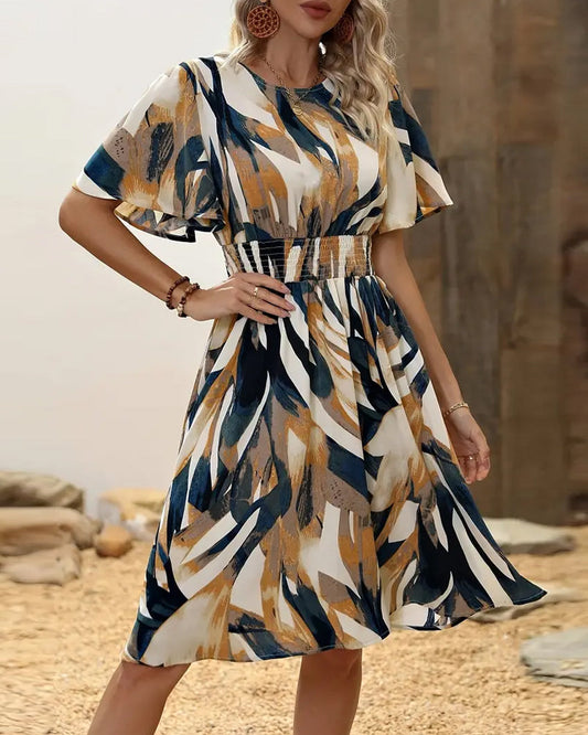 Commuting style waist-cinching printed dress casual dresses summer