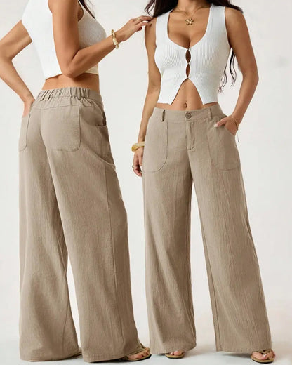 Elastic Waist Pocket Casual Wide Leg Pants