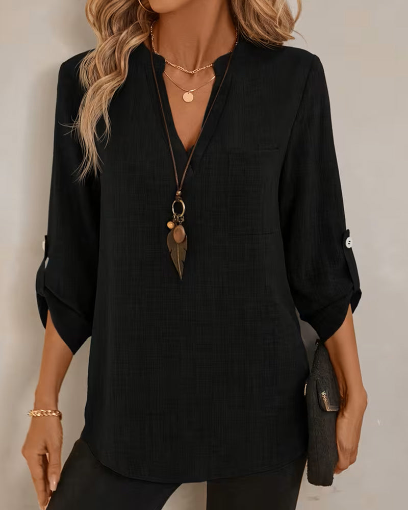 V-Neck Solid Color Long Sleeve Pocket Shirt