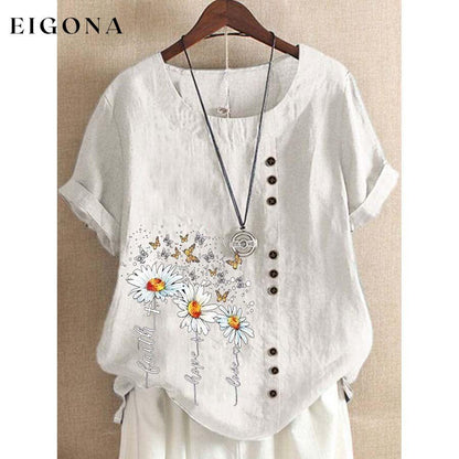 Vintage Cotton Linen Daisy Faith Print Loose Casual Shirt