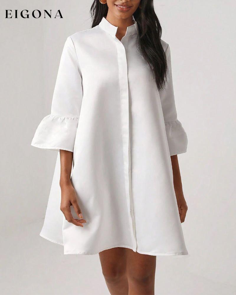 Solid color stand collar bell sleeve dress casual dresses spring summer