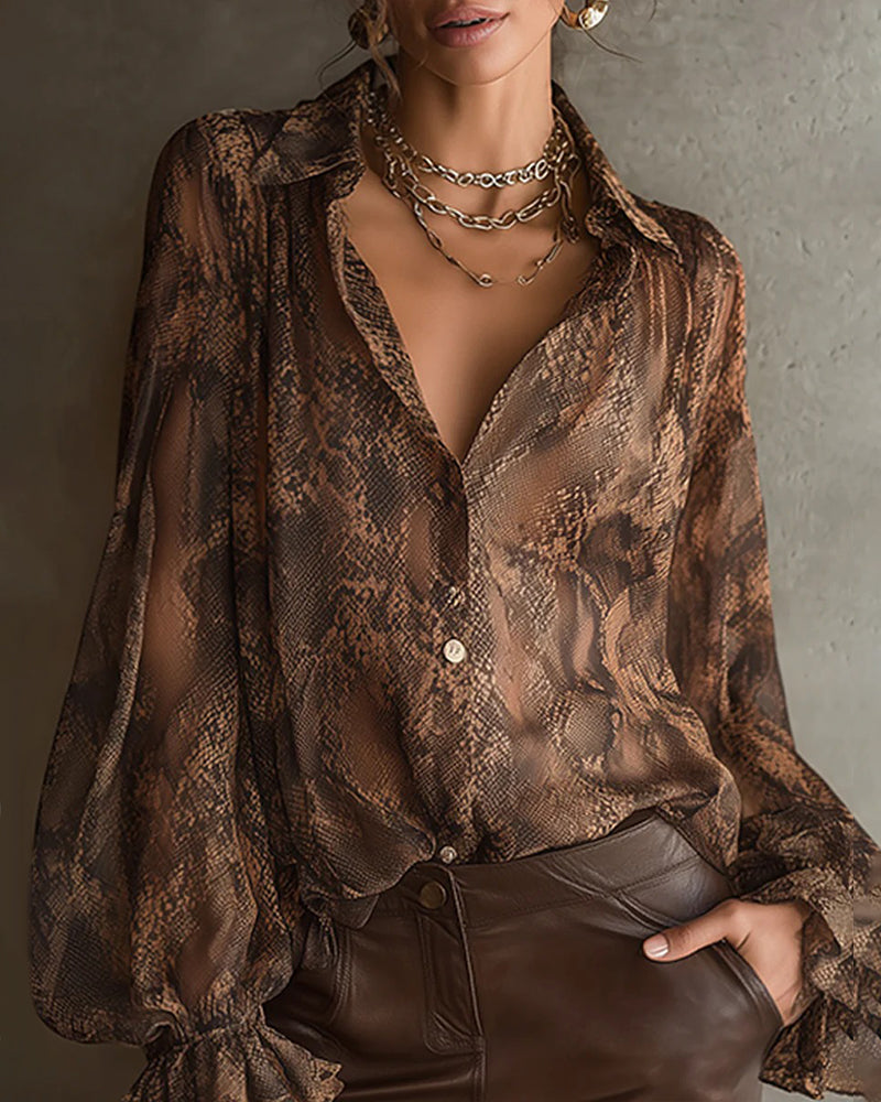 Fashionable Flounce Sleeve Printed Blouse