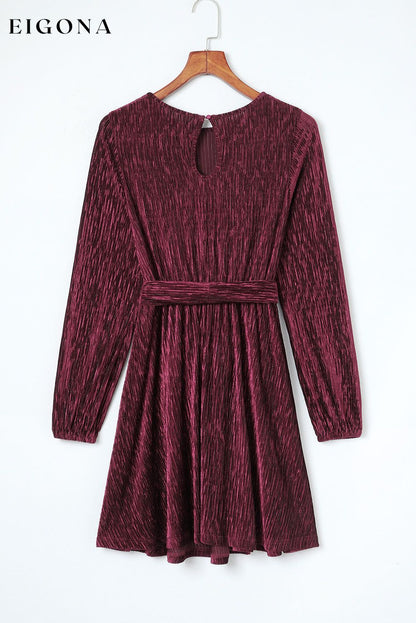 Fiery Red Tie Waist Crinkle Velvet Dress casual dress casual dresses clothes Color Purple dress dresses Fabric Velvet long sleeve dresses Occasion Daily Print Solid Color Season Winter short dresses Silhouette A-Line Style Elegant