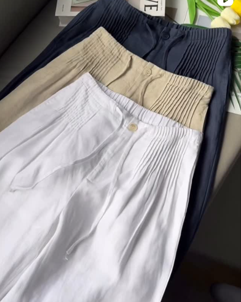 Drawstring Solid Color Pleated Casual Pants