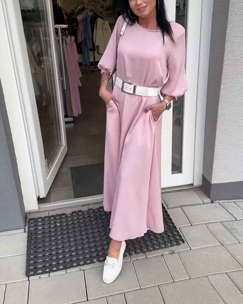 Solid Color Lantern Sleeve Dress