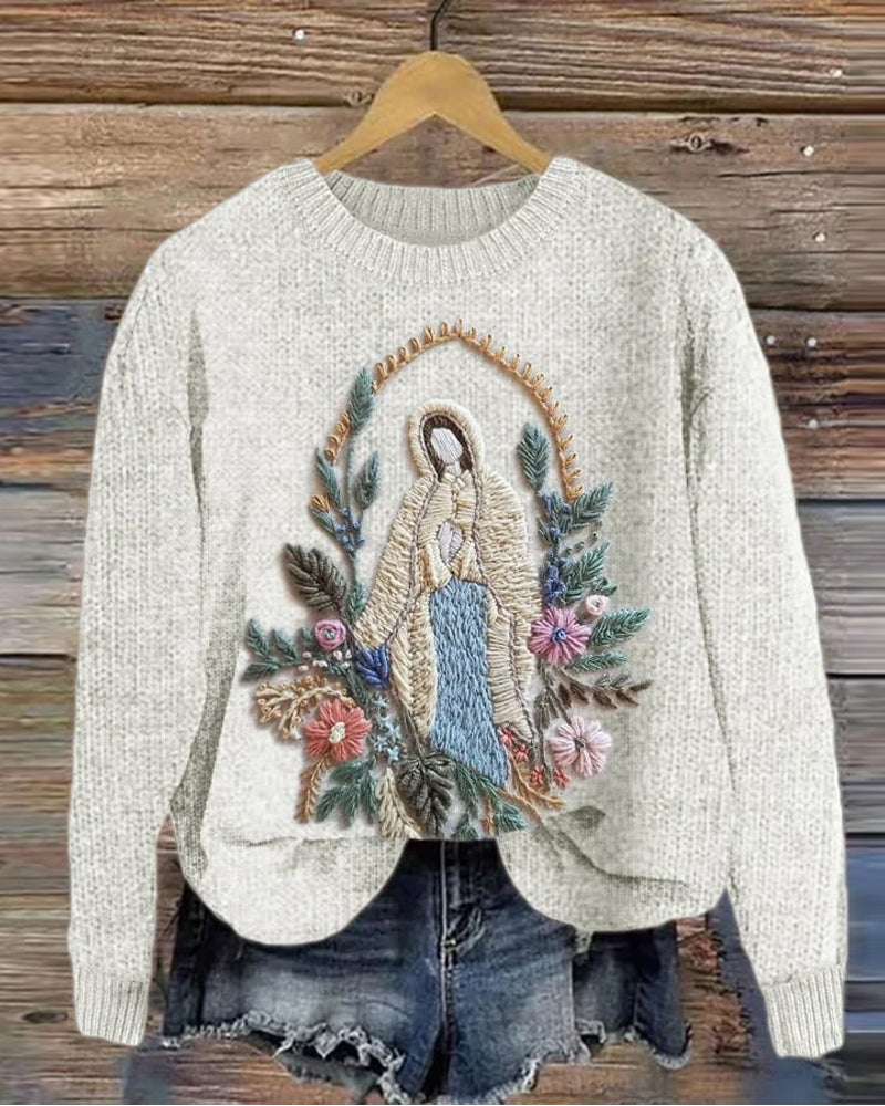 Women's Christian Our Lady Floral Christian Knit Casual Sweater