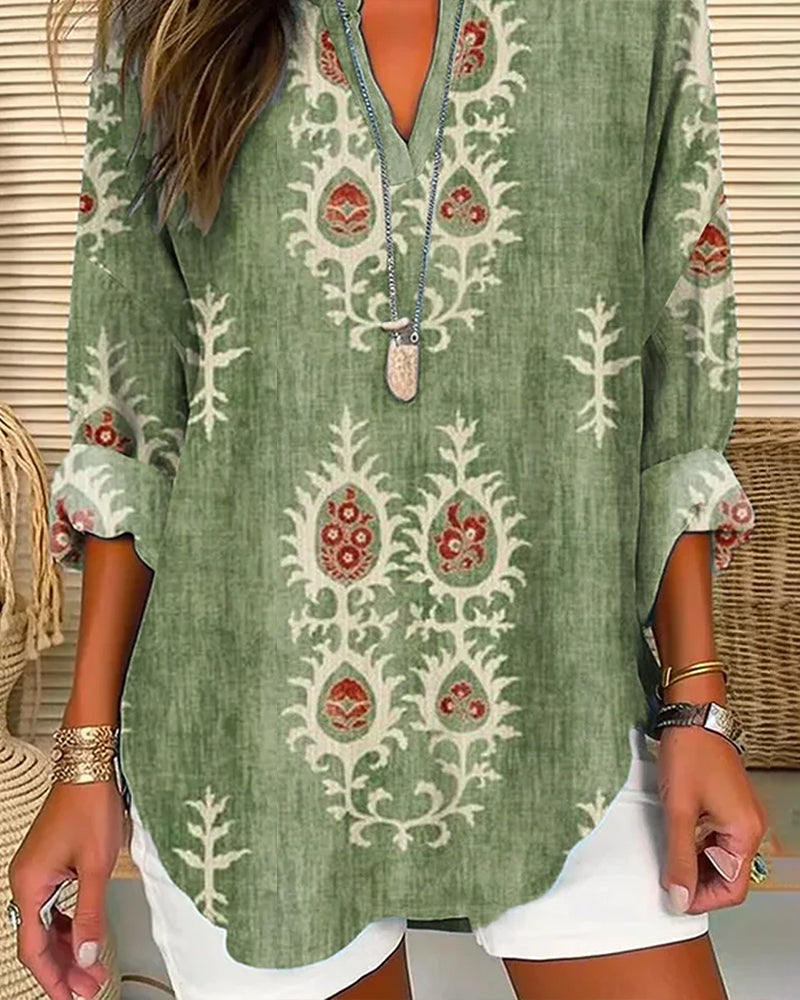 Retro printed V-neck long sleeve button blouse blouses & shirts spring summer