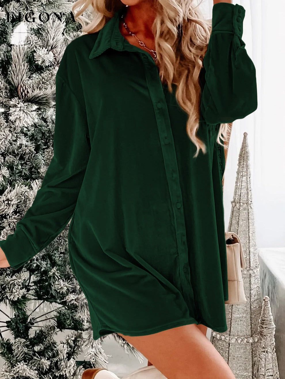 Blackish Green Velvet Button Front Shirt Long Sleeve Casual Mini Dress All In Stock Best Sellers casual dresses clothes Color Green Day Christmas dress dresses EDM Monthly Recomend Fabric Velvet Hot picks long sleeve dresses long sleve dresses Print Solid Color Season Fall & Autumn short dresses Style Southern Belle