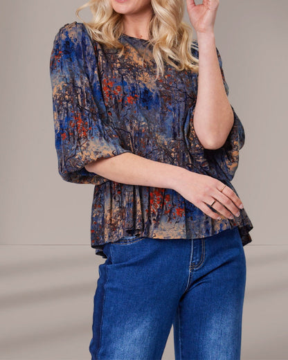 Bluse mit Laternenärmeln und Landschaftsmalerei