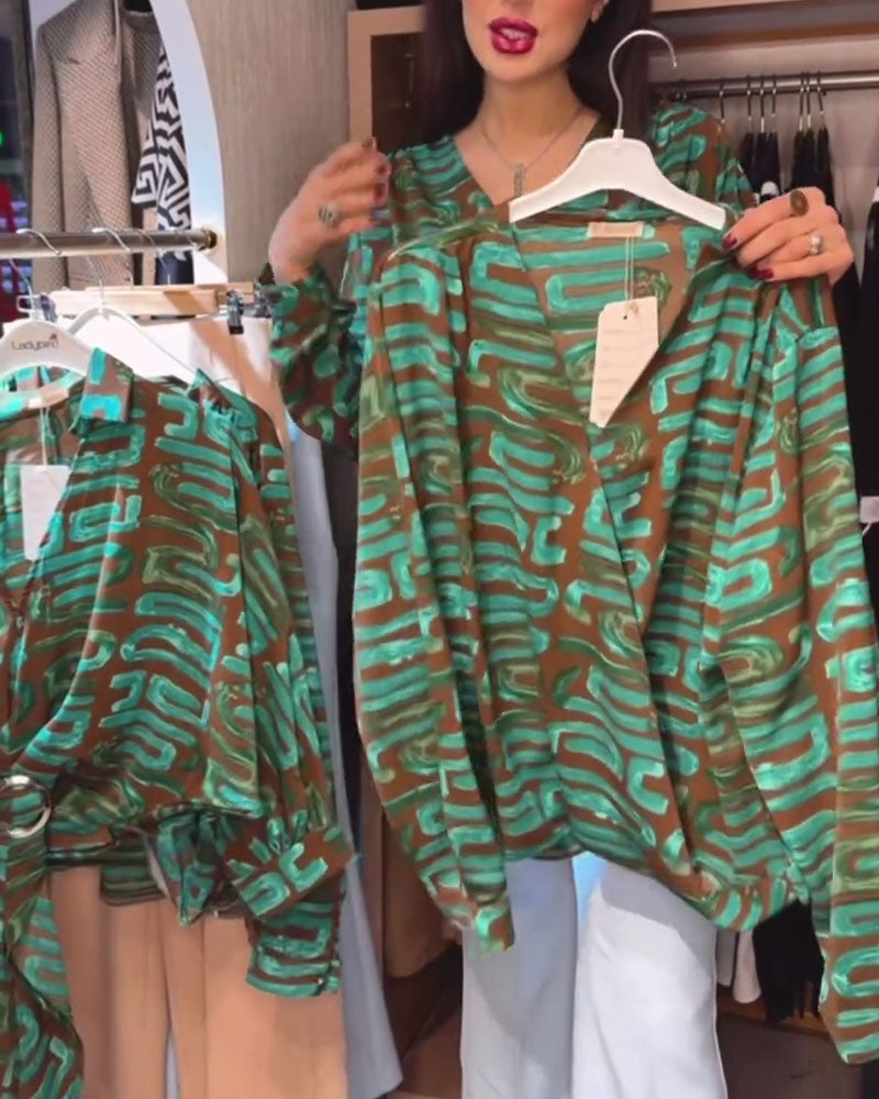 V-Neck Vintage Geometric Print Blouse