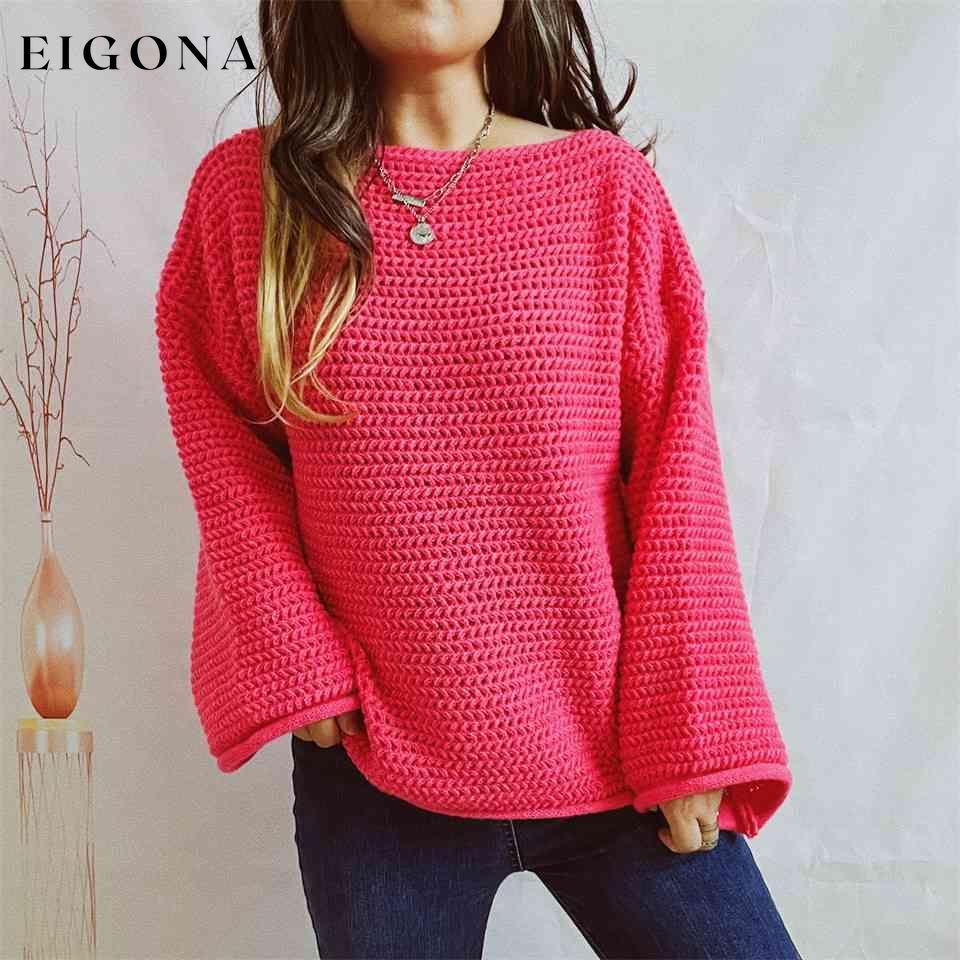 Openwork Boat Neck Long Sleeve Sweater Red clothes S.X Ship From Overseas sweater sweaters