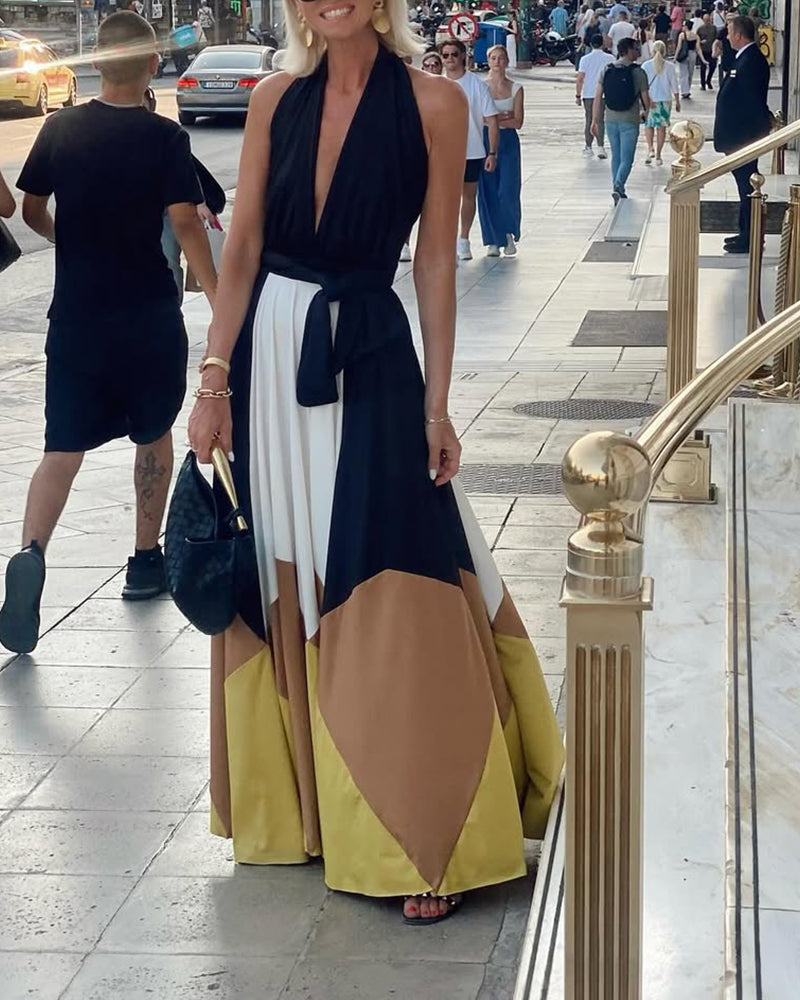 Sexy Deep V Halter Neck Contrast Print Long Dress