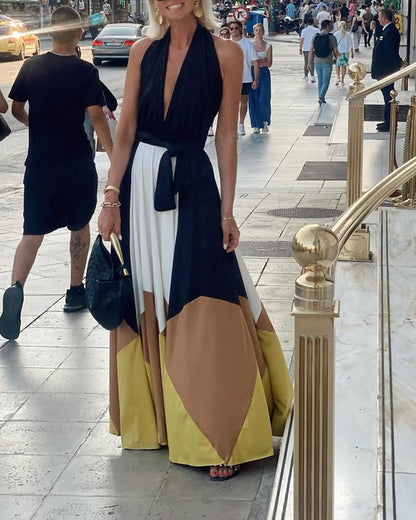 Sexy Deep V Halter Neck Contrast Print Long Dress