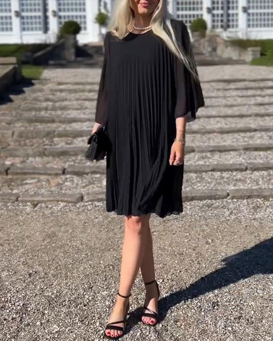 Three-Quarter Sleeve Pleated Solid Color Dress