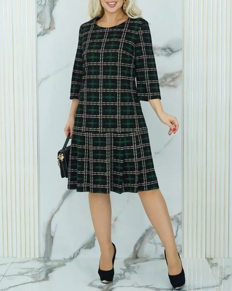 Round neck plaid print button elegant dress 2024 f/w casual dresses