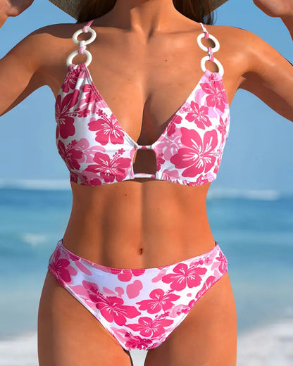Zweiteiliger Bikini mit offenem Rücken und Blumenmuster