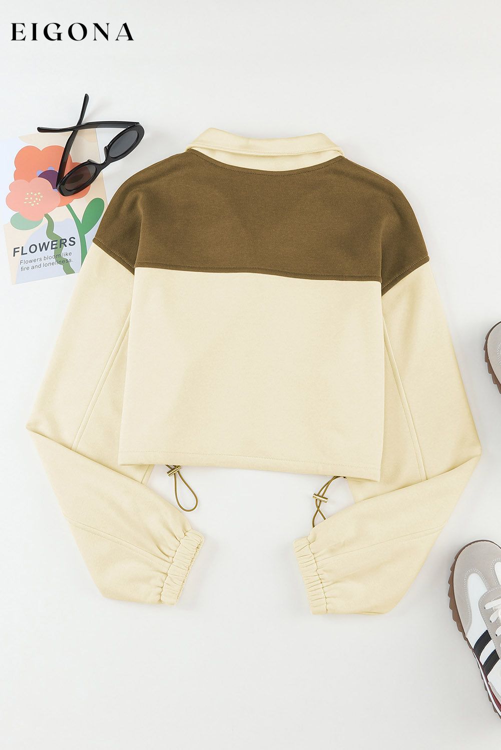 Beige Color Block Drawstring Cropped Athleisure Jacket clothes Occasion Daily Print Color Block Season Fall & Autumn Style Casual