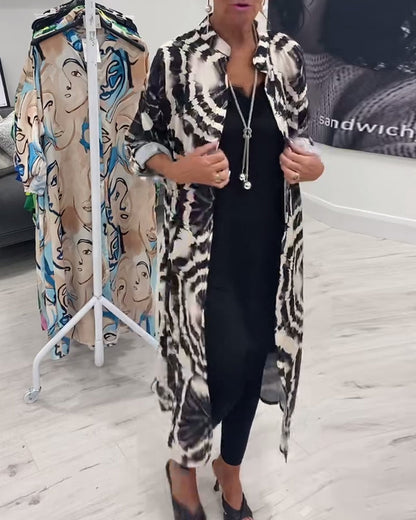 Long retro contrast print coat 202466 coats spring summer