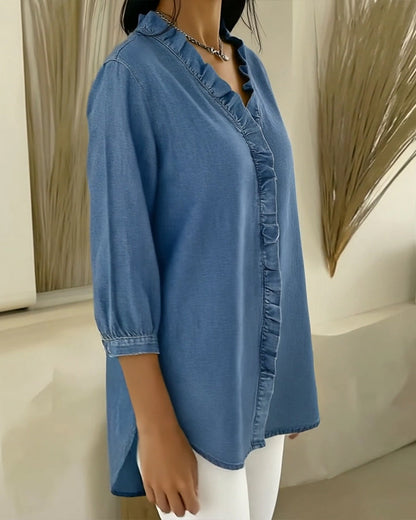 Ruffle V-Neck Denim Blouse
