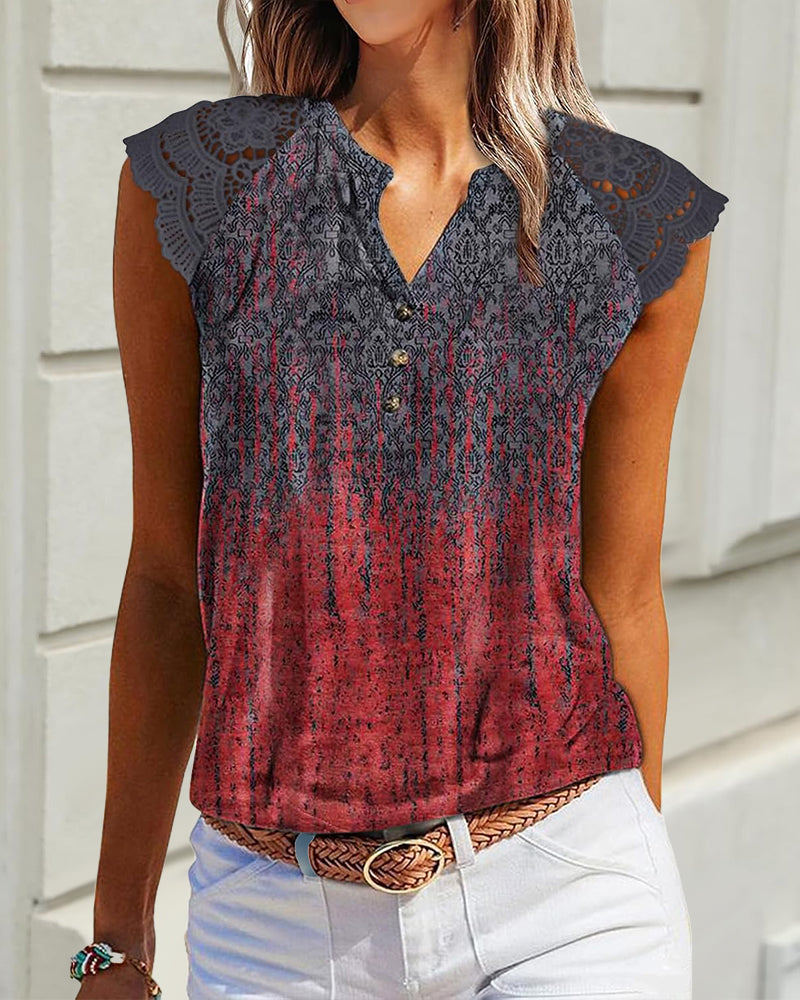 Lässige bedruckte Kurzarmbluse mit V-Ausschnitt