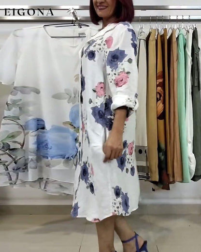 Floral print lapel long sleeve dress casual dresses spring summer