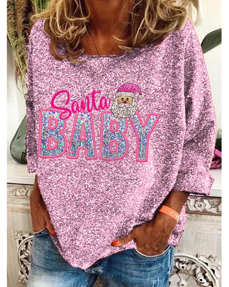 Women's Vintage Christmas Shiny Santa Baby Printed Long Sleeve Top 2024 f/w christmas hoodies & sweatshirts women's christmas