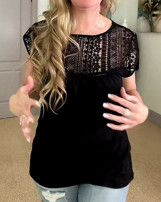 Round Neck Solid Color Hollow Stitching Blouse