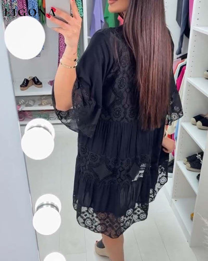 Solid color lace elegant V-neck dress casual dresses spring summer